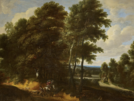 Forest Landscape with Falconry Hunter on Horseback