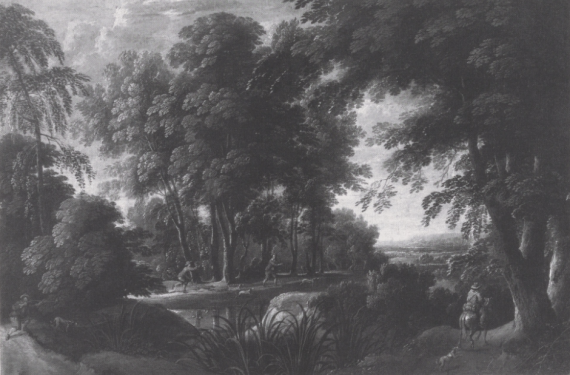 A Wooded Landscape with Hunters by a Pond