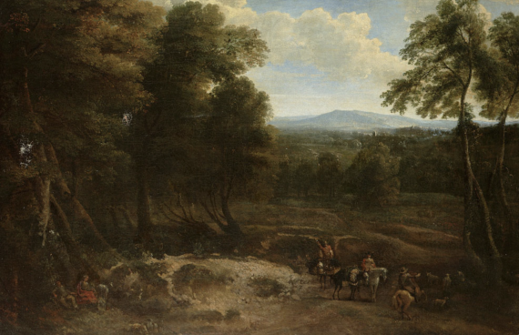 A Wooded Landscape with Travellers on a Path and Figures Resting Nearby