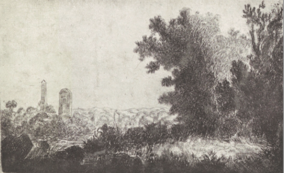 Wooded Landscape with Two High Monuments in the Distance