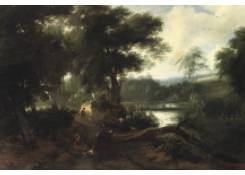 Work 8001: A Wooded Landscape with a Hunting Company Resting near a Pond