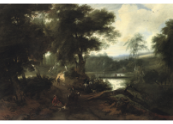 Work 8001: A Wooded Landscape with a Hunting Company Resting near a Pond