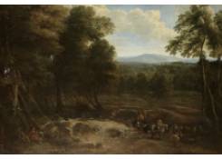 Work 8028: A Wooded Landscape with Travellers on a Path and Figures Resting Nearby