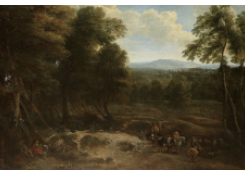 Work 8028: A Wooded Landscape with Travellers on a Path and Figures Resting Nearby